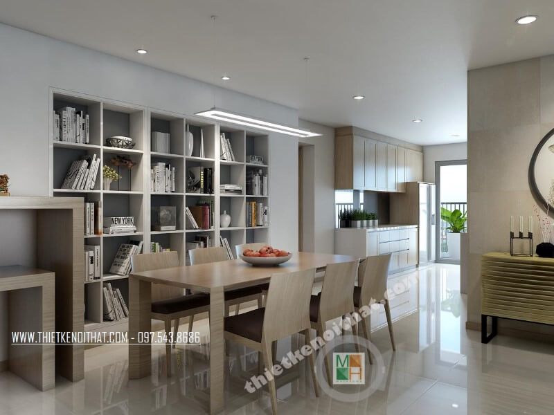 Thiết kế bàn ăn gỗ công nghiệp mang tông màu veneer nâu sữa phù hợp với phong cách thiết kế của căn nhà.