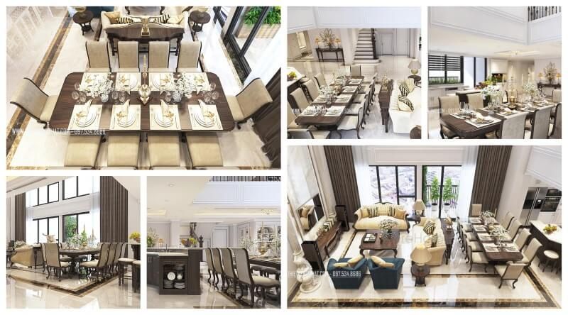 Bộ bàn ăn 10 ghế gỗ óc chó sang trọng đẹp ở căn hộ Duplex Thanh Xuân Hà Nội