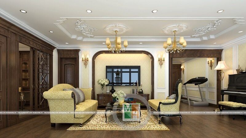Mẫu thiết kế nội thất chung cư cao cấp với bộ sofa bọc vải nhung tân cổ điển màu vàng ánh kim ấn tượng, điểm nhấn nổi bật cho không gian căn phòng.