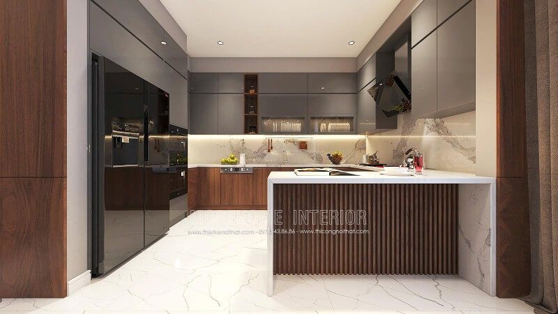 Trang trí nội thất phòng bếp đẹp từ gỗ laminate cao cấp kết hợp cùng đá ốp bếp sang trọng.