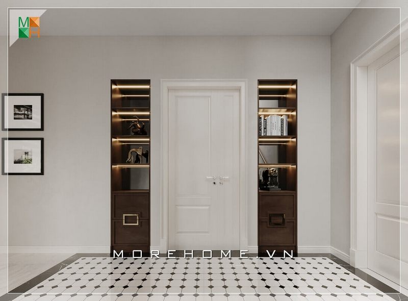 Ấn tượng với mẫu 2 tủ kệ trang trí đồ màu nâu gỗ rất hiện đại và tiện nghi được bố trí 2 bên cửa.