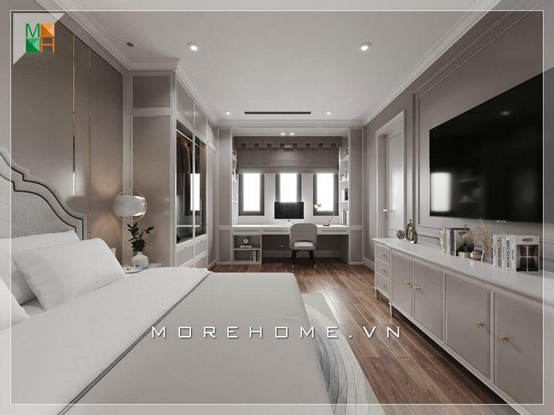 Không gian nội thất phòng ngủ hiện đại. Nhìn tổng quan căn phòng tiện nghi khá đầy đủ, tông màu chủ đạo là trắng khiến căn phòng càng trở nên nổi bật và sang trọng hơn.