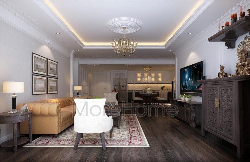 Khu vực tâm linh được trang trí nghiêm túc và kính trọng với tủ thờ chứa bà quan Âm bài tượng và bản thờ trên bày bát hương thờ cúng gia tiên.