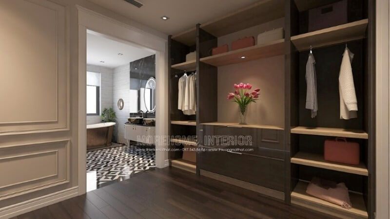 Mẫu tủ quần áo đẹp không cánh được làm từ gỗ công nghiệp khiến cho gia chủ dễ dàng lấy những món đồ bạn cần một cách nhanh chóng