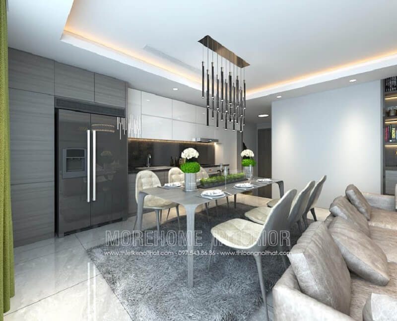 Mẫu bàn ghế ănchung cư đẹp màu xám tạo điểm nhấn nổi bật cho không gian căn phòng