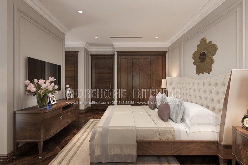 Nội thất phòng ngủ nhà phố cao cấp với chất liệu gỗ óc chó chủ đạo mang lại sự sang trọng cũng như sự đẳng cấp của gia chủ