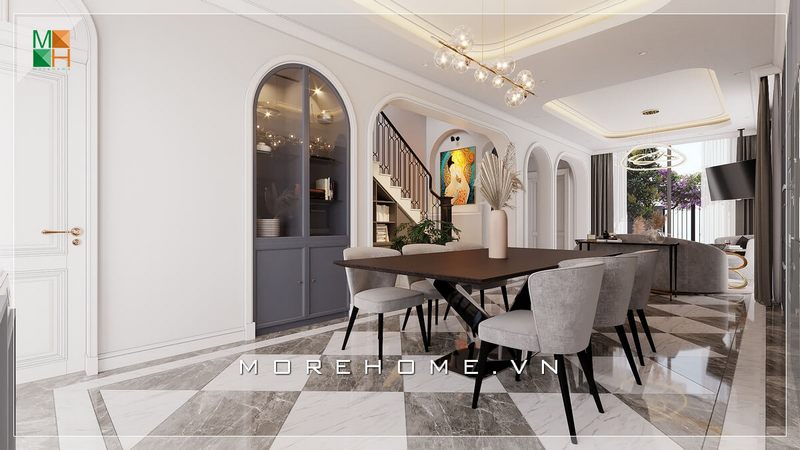 Nội thất phòng ăn được thiết kế theo phong cách tân cổ điển nhưng vẫn đảm bảo sự thanh lịch và đơn giản cho biệt thự.